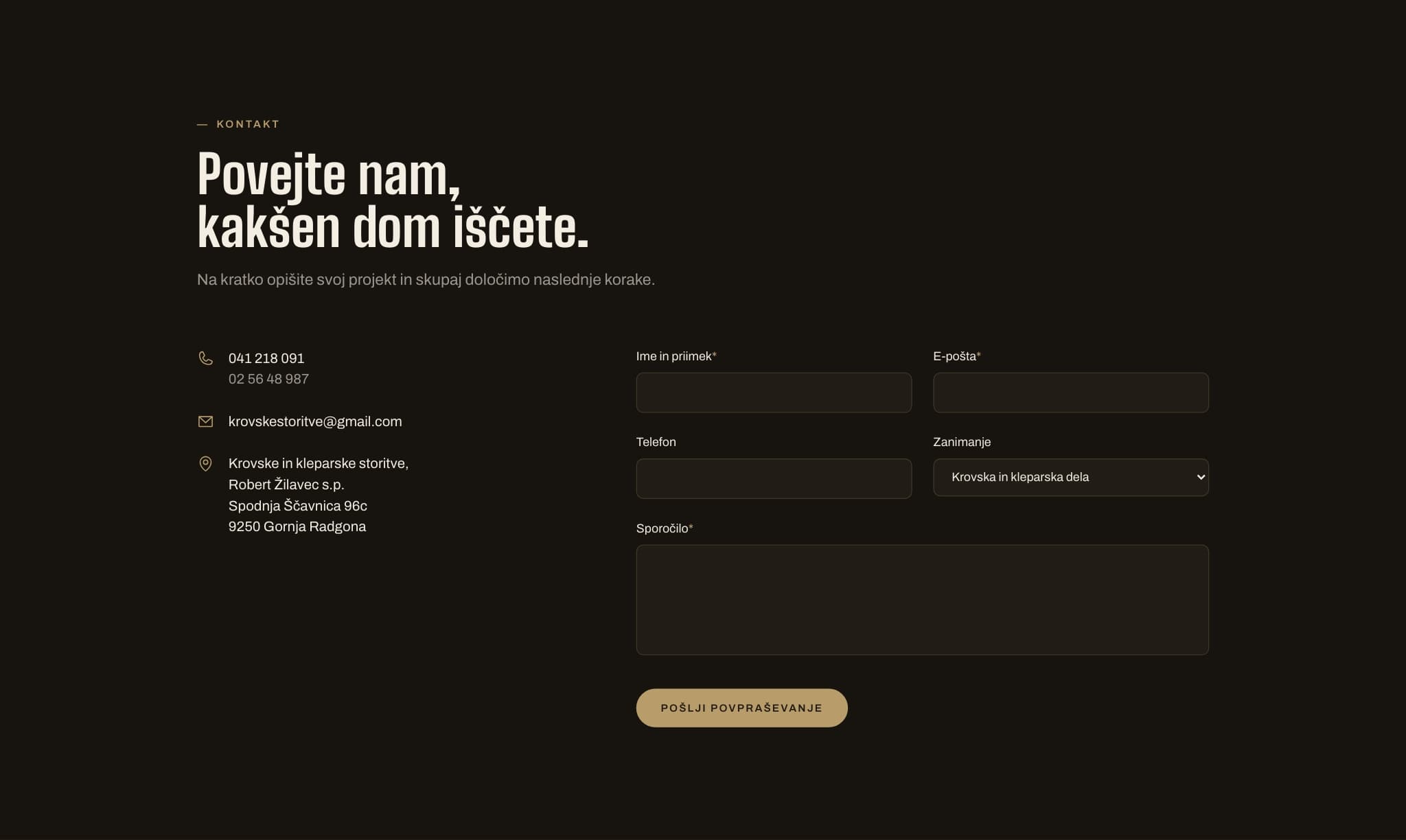 The contact section: phone numbers, email and address on the left, and the inquiry form on the right with its service-and-model selector.