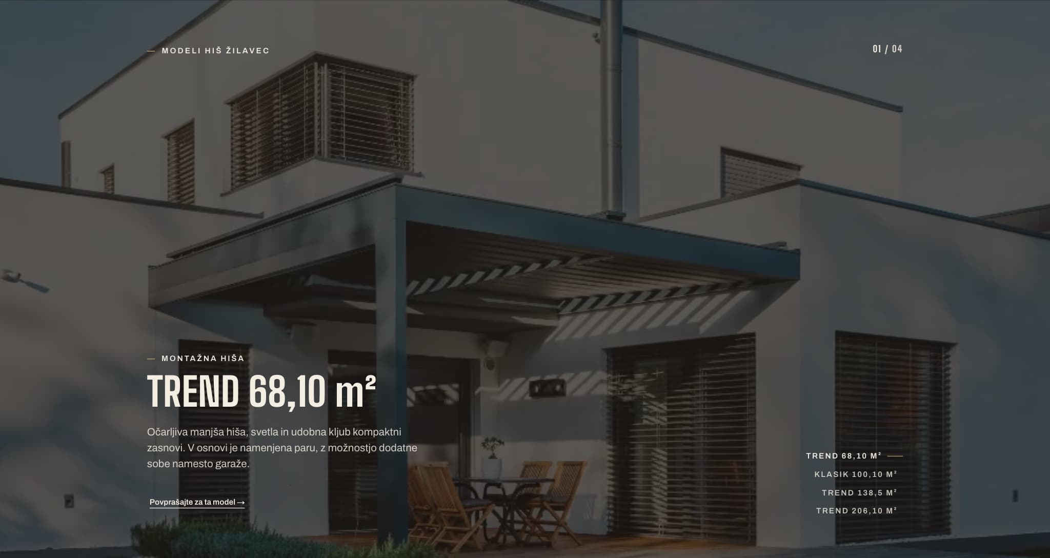 The TREND 68,10 m² model: a full-bleed photograph of the built house, its description, an inquiry link, and the other three models listed alongside.