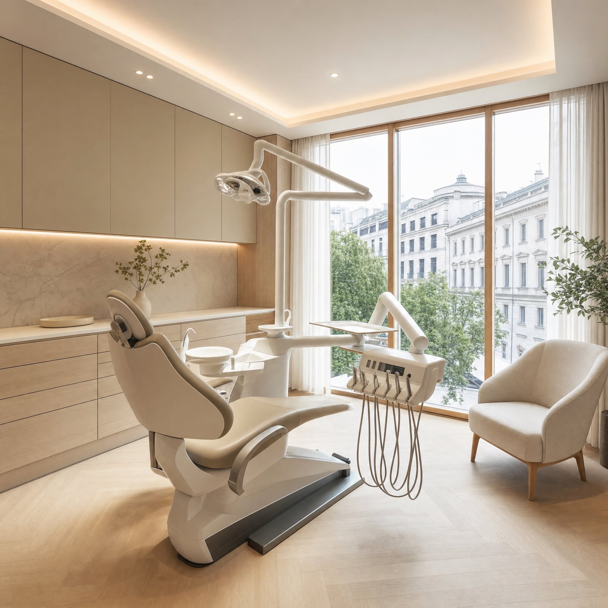 A LUMIÈRE Dental Studio treatment room with natural light, a city view, and warm wood detailing