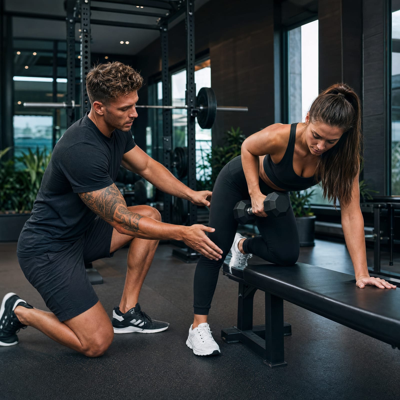 NOVA Performance coach guiding a client through a dumbbell exercise